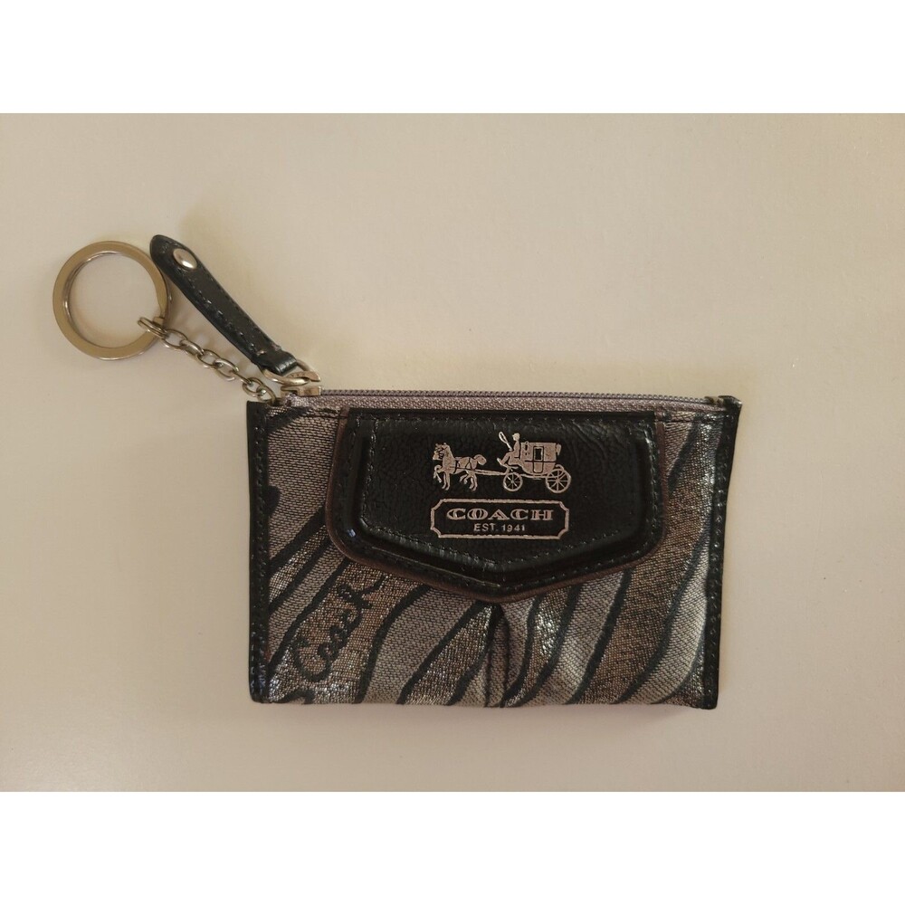 Coach Zebra Black & Silver Signature Coin Purse Mini Skinny Keychain 44409